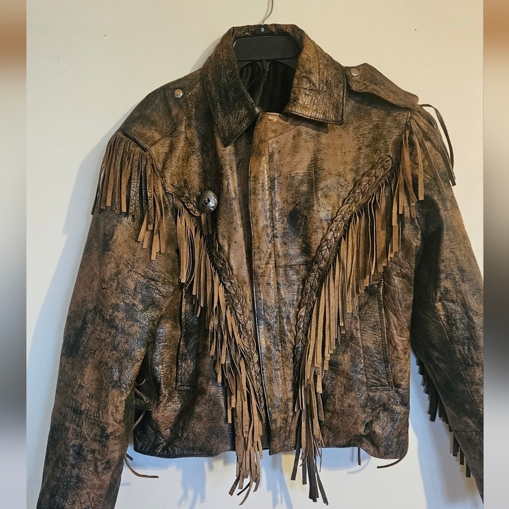 Vintage Western Fringe Real Leather Jacket Brown Distressed Boho Biker Cowgirl